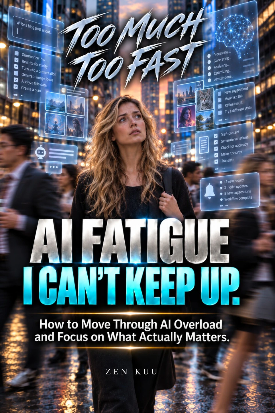 Cover of “AI FATIGUE: I CAN’T KEEP UP.” from the TOO MUCH. TOO FAST. series by ZEN KUU: a woman in a moving crowd, surrounded by floating AI app screens.
