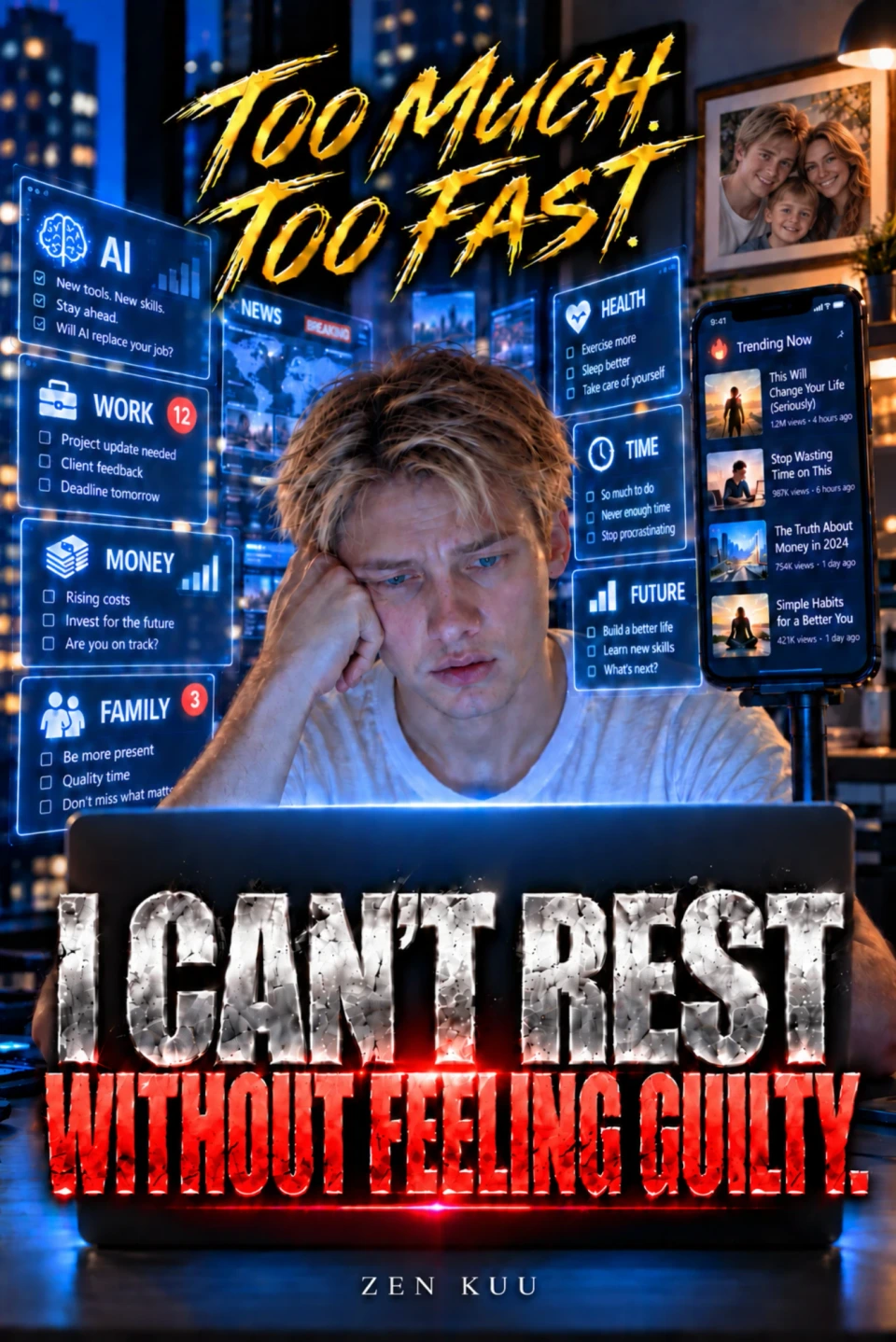 Cover of “I CAN’T REST WITHOUT FEELING GUILTY.” from the TOO MUCH. TOO FAST. series by ZEN KUU: a tired young man at his laptop, surrounded by screens about work, money, health and the future.