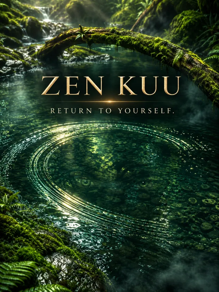 ZEN KUU — RETURN TO YOURSELF. A clear forest pool with slow ripples; a quiet pair of eyes rests beneath the water.